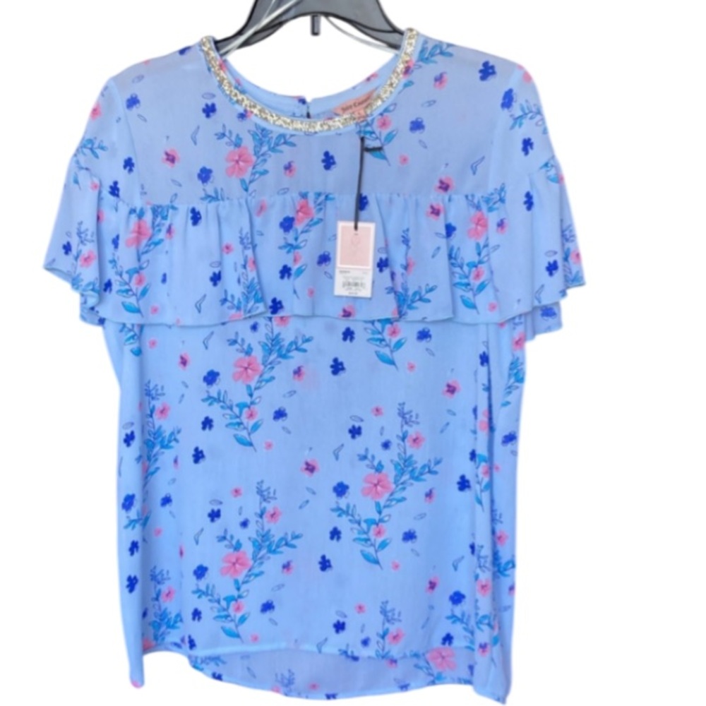 Juicy Couture blouse ruffle layer top floral print bling neckline  L